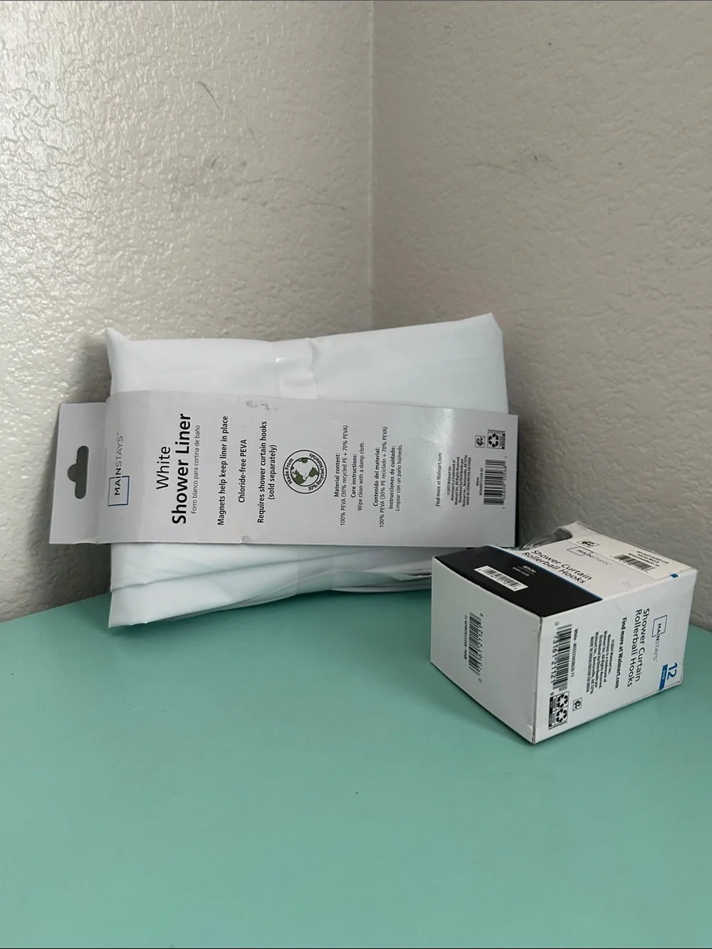 Mainstays bathroom utility accessories set of: a shower curtain & hooks-new.